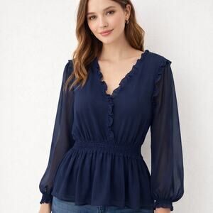NWT City Chic Navy Ruffle Peblum Style Blouse L